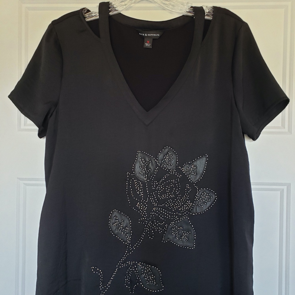Rock & Republic Leather Rose Embellished Tee